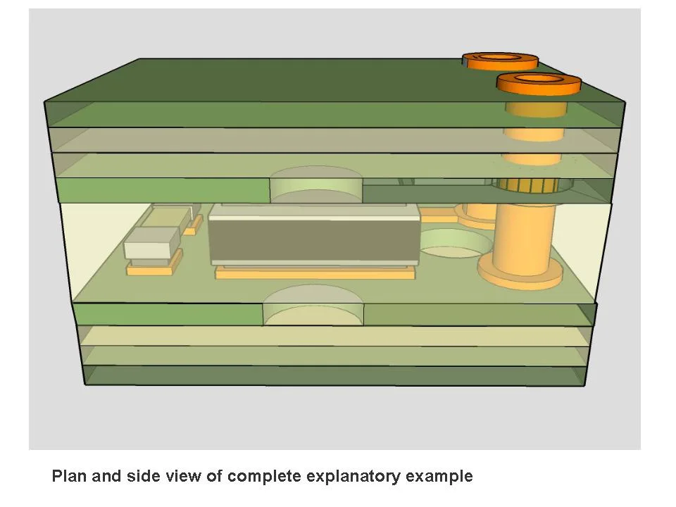 3D cutaway view of a multilayer PCB with embedded components showing resistors, capacitors, and vias within the layer structure