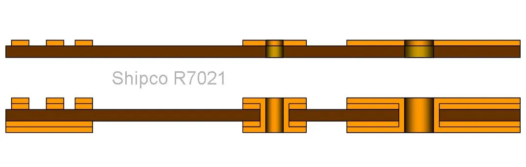 R7021 – Flex PCB comparison: single-sided NPTH (top) and double-sided PTH (bottom)